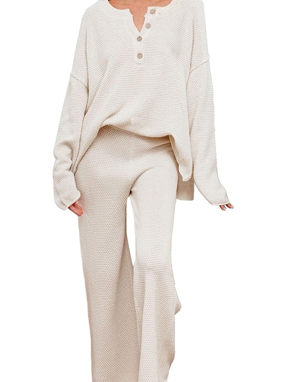 Relaxed Wide-Leg knit Lounge Set in Cream